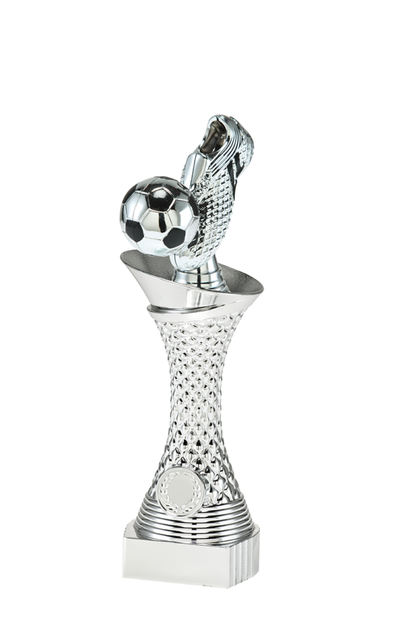 Zilverkleurig beeld met voetbalschoen